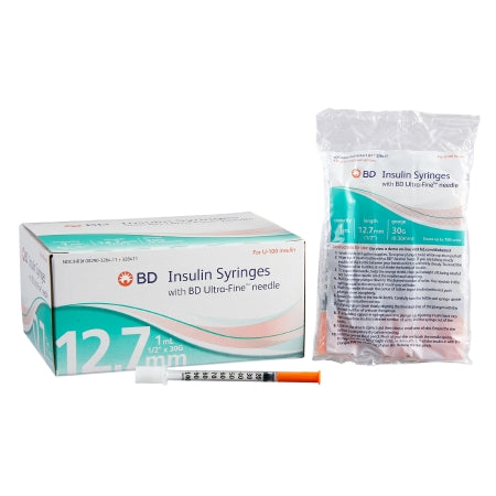 BD 328411 Insulin Syringe with Needle Ultra-Fine™ 1 mL 30 Gauge 1/2 Inch Regular Wall NonSafety